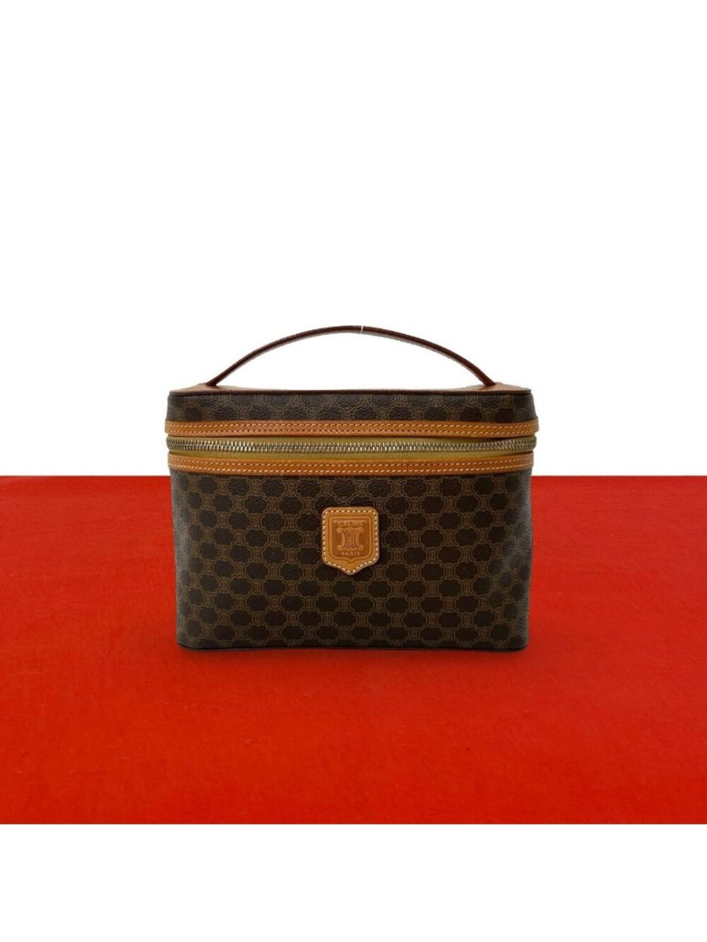 Celine Vintage Macadam Blason Pattern Leather Handbag Vanity Pouch Brown
